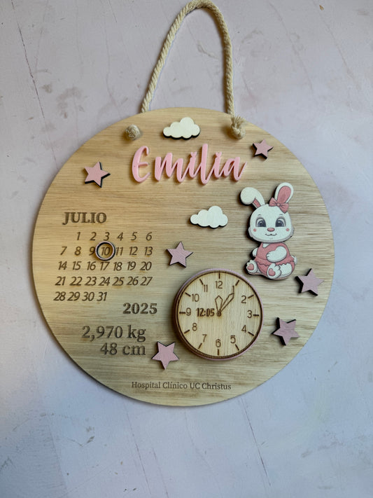 Cartel datos de nacimiento con conejo